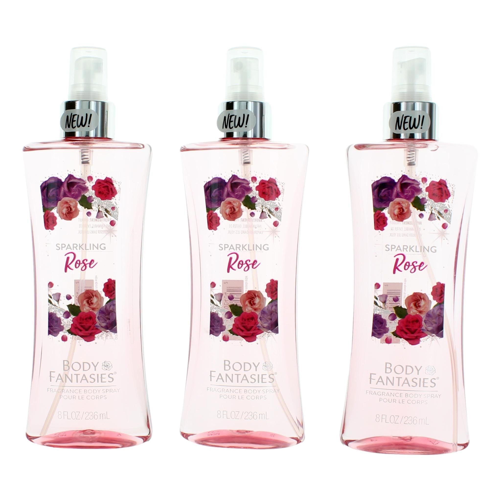 Bottle of Sparkling Roses by Body Fantasies, 3 Pack 8 oz Fragrance Body Spray for Women